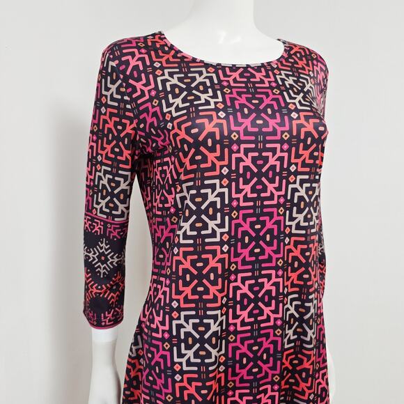 Jean Pierre Klifa Stretch Dress Size M Geometric Travel 3/4 Sleeve Daphne Shift - Picture 3 of 8